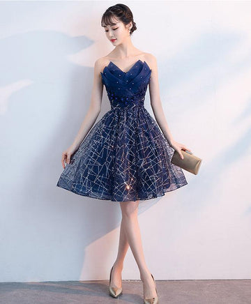 Dark blue v neck tulle sequin short prom dress, blue homecoming dress HZ1023